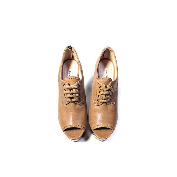 MIU MIU Prada 42 Tan Platform Wedge Peeptoe Booties Womens 10.5 - Picture 3 of 9